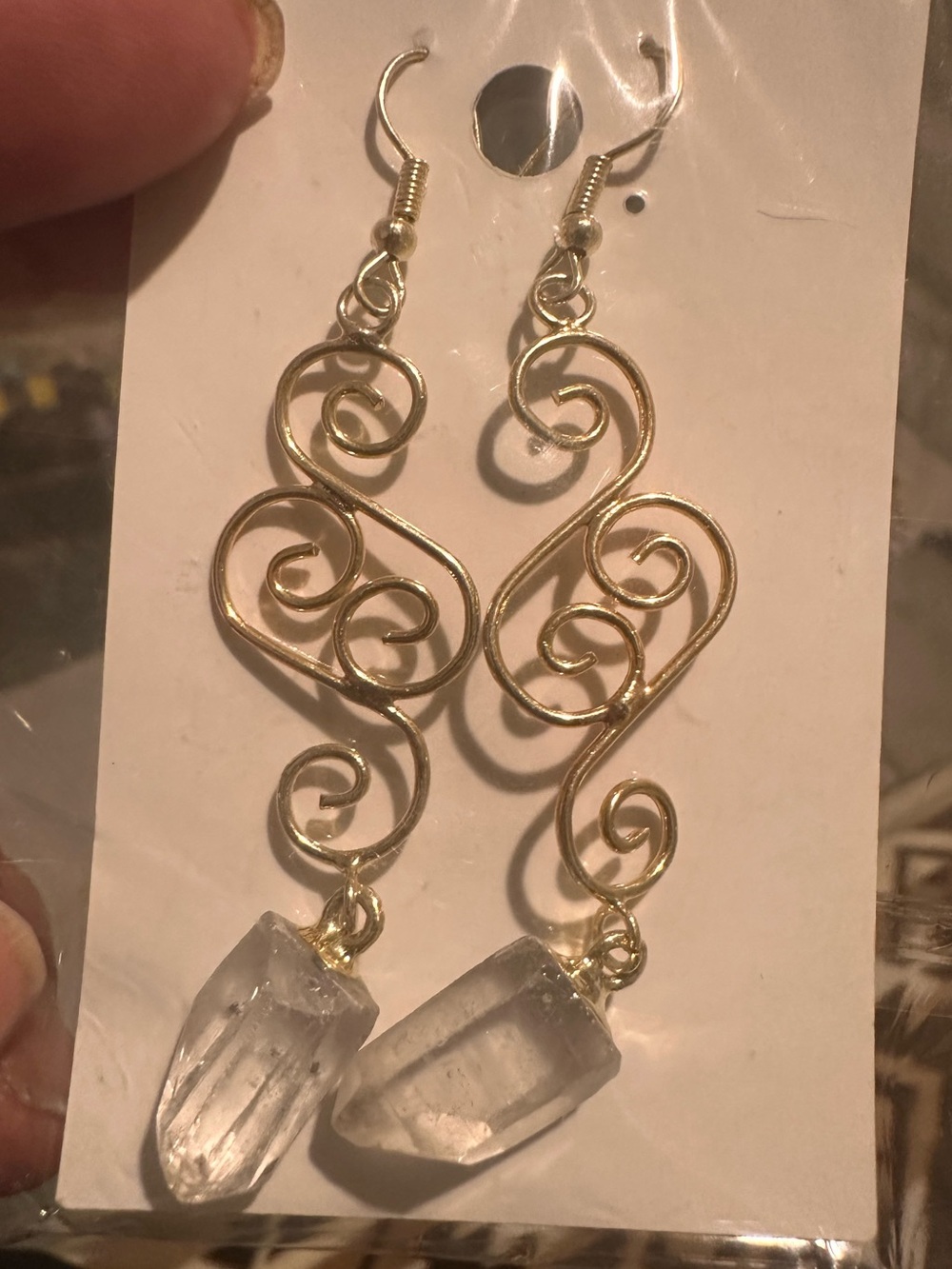 Gold Swirl Wire Earrings with Clear Crystal Drop - Women Jewelry